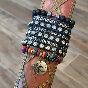 Good Works Make a Difference Studded Rhinestone Leather Wrap Style Bracelet